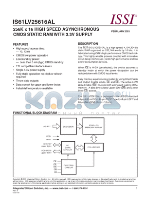 IS61LV25616AL-10BI datasheet - 256K x 16 HIGH SPEED ASYNCHRONOUS CMOS STATIC RAM WITH 3.3V SUPPLY