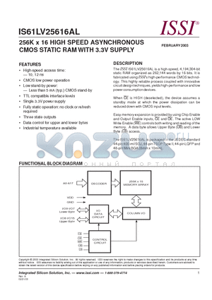 IS61LV25616AL-10K datasheet - 256K x 16 HIGH SPEED ASYNCHRONOUS CMOS STATIC RAM WITH 3.3V SUPPLY