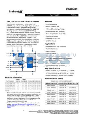 KAD2708C-10Q68 datasheet - 8-Bit, 275/210/170/105MSPS A/D Converter