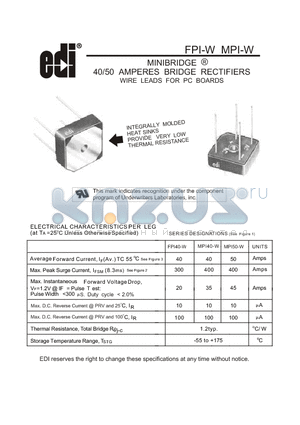 MPI-W datasheet - 40/50 AMPERES BRIDGE RECTIFIERS WIRE LEADS FOR PC BOARDS