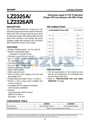 LZ2326AR datasheet - Dual-power-supply (5 V/12 V) Operation 1/3-type CCD Area Sensors with 320 k Pixels