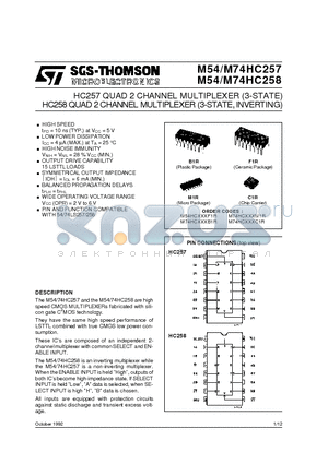 M54HC258 datasheet - HC258QUAD 2CHANNEL MULTIPLEXER 3-STATE, INVERTING HC257 QUAD 2 CHANNEL MULTIPLEXER 3-STATE