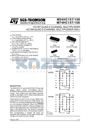 M54HC258B1R datasheet - HC158 QUAD 2 CHANNEL MULTIPLEXER INV. HC157 QUAD 2 CHANNEL MULTIPLEXER