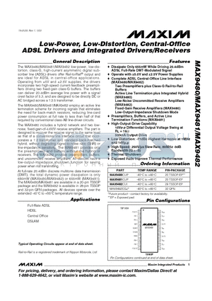 MAX9482 datasheet - Low-Power, Low-Distortion, Central-Office ADSL Drivers and Integrated Drivers/Receivers