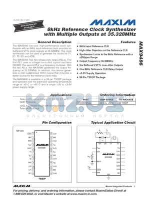 MAX9486EUG datasheet - 8kHz Reference Clock Synthesizer with Multiple Outputs at 35.328MHz