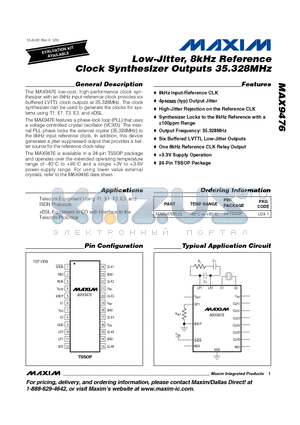 MAX9476EUG datasheet - Low-Jitter, 8kHz Reference Clock Synthesizer Outputs 35.328MHz