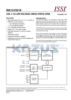 IS61LV3216-20T datasheet - 32K x 16 LOW VOLTAGE CMOS STATIC RAM