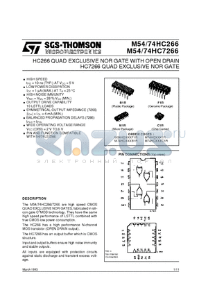 M54HC266B1R datasheet - HC266 QUAD EXCLUSIVE NOR GATE WITH OPEN DRAIN HC7266 QUAD EXCLUSIVE NOR GATE