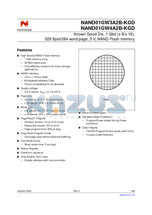 NAND01GW3A2BE06 datasheet - Known Good Die, 1 Gbit (x 8/x 16), 528 Byte/264 word page, 3 V, NAND Flash memory