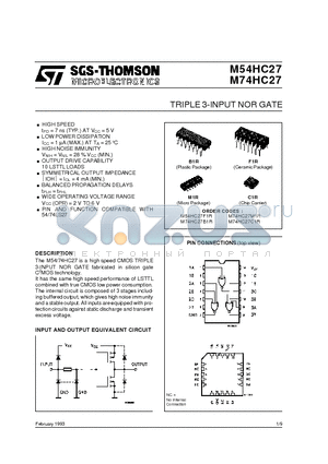 M54HC27F1R datasheet - TRIPLE 3-INPUT NOR GATE