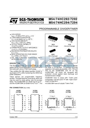 M54HC292 datasheet - PROGRAMMABLE DIVIDER/TIMER