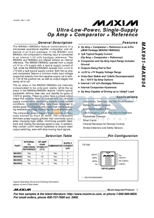 MAX951 datasheet - Ultra-Low-Power, Single-Supply Op Amp  Comparator  Reference