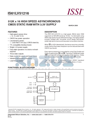 IS61LV51216-10TI datasheet - 512K x 16 HIGH SPEED ASYNCHRONOUS