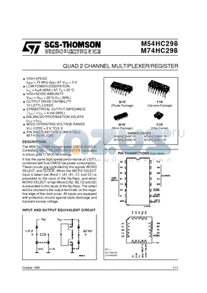 M54HC298F1R datasheet - QUAD 2 CHANNEL MULTIPLEXER/REGISTER