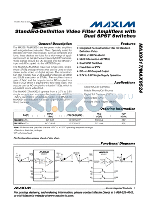 MAX9524ATC datasheet - Standard-Definition Video Filter Amplifiers with Dual SPST Switches