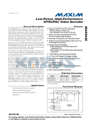 MAX9526 datasheet - Low-Power, High-Performance NTSC/PAL Video Decoder