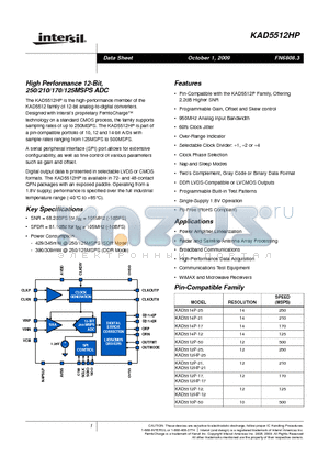KAD5512HP-12Q48 datasheet - High Performance 12-Bit, 250/210/170/125MSPS ADC