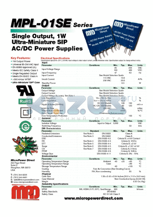 MPL-01S-12E datasheet - Single Output, 1W Ultra-Miniature SIP AC/DC Power Supplies