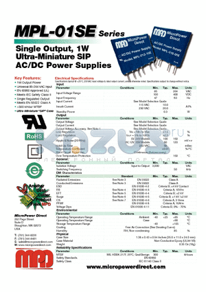 MPL-01SE datasheet - Single Output, 1W Ultra-Miniature SIP AC/DC Power Supplies