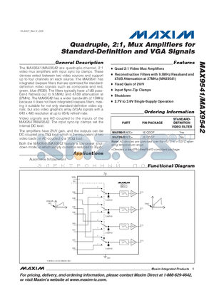 MAX9542AEE+ datasheet - Quadruple, 2:1, Mux Amplifiers for Standard-Definition and VGA Signals