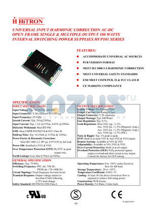 HVP101 datasheet - UNIVERSAL INPUT HARMONIC CORRECTION AC-DC OPEN FRAME SINGLE & MULTIPLE OUTPUT 100 WATTS INTERNAL SWITCHING POWER SUPPLIES HVP101 SERIES