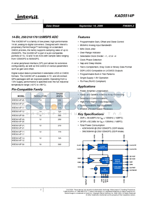 KAD5514P-12Q72 datasheet - 14-Bit, 250/210/170/125MSPS ADC