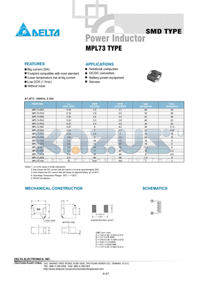 MPL73-0R1 datasheet - Power Inductor