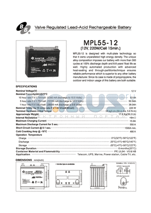 MPL55-12 datasheet - Valve Regulated Lead-Acid Rechargeable Battery