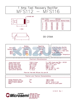 MFS112 datasheet - 1 AMP FAST RECOVERY RECTIFIER