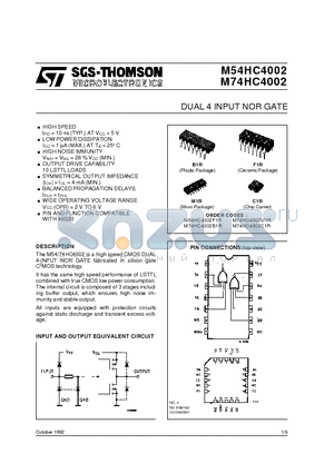 M54HC4002 datasheet - DUAL 4 INPUT NOR GATE