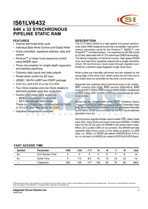 IS61LV6432-6PQ datasheet - 64K x 32 SYNCHRONOUS PIPELINE STATIC RAM