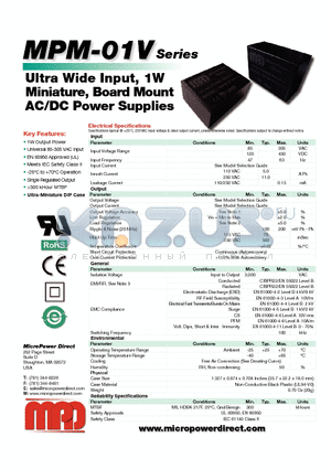 MPM-01SV-09 datasheet - Ultra Wide Input, 1W Miniature, Board Mount AC/DC Power Supplies