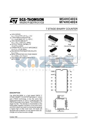 M54HC4024 datasheet - 7 STAGE BINARY COUNTER