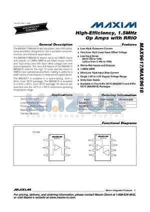 MAX9618 datasheet - High-Efficiency, 1.5MHz Op Amps with RRIO