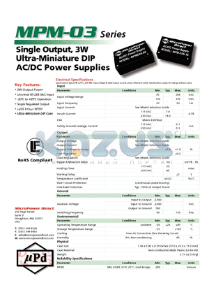 MPM-03S-05 datasheet - Single Output, 3W Ultra-Miniature DIP AC/DC Power Supplies