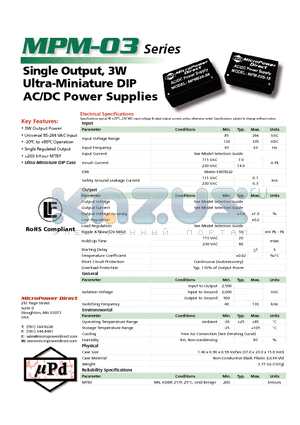 MPM-03S-12 datasheet - Single Output, 3W Ultra-Miniature DIP AC/DC Power Supplies