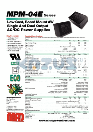 MPM-04D-12E datasheet - Low Cost, Board Mount 4W Single And Dual Output AC/DC Power Supplies