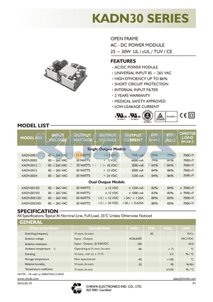 KADN3003_10 datasheet - OPEN FRAME AC - DC POWER MODULE 25W ~ 30W UL / cUL / TUV / CE
