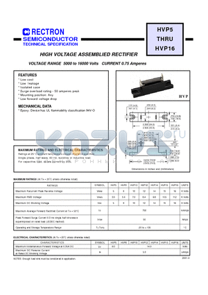 HVP15 datasheet - HIGH VOLTAGE ASSEMBLIED RECTIFIER (VOLTAGE RANGE 5000 to 16000 Volts CURRENT 0.75 Amperes)