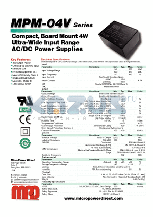 MPM-04DV-0503 datasheet - Compact, Board Mount 4W Ultra-Wide Input Range AC/DC Power Supplies