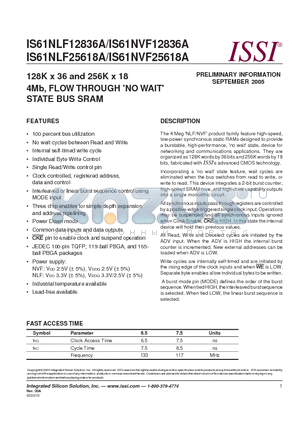 IS61NLF12836A-7.5B2 datasheet - 128K x 36 and 256K x 18 4Mb, FLOW THROUGH (NO WAIT) STATE BUS SRAM