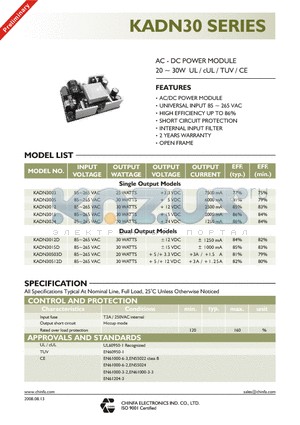 KADN3015D datasheet - AC - DC POWER MODULE 20 ~ 30W UL / cUL / TUV / CE