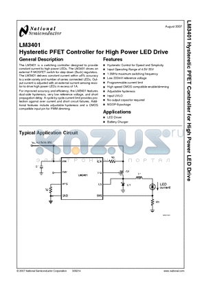 LM3401 datasheet - Hysteretic PFET Controller for High Power LED Drive