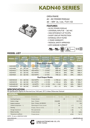 KADN4015 datasheet - OPEN FRAME AC - DC POWER MODULE 28 ~ 40W UL / cUL / TUV / CE