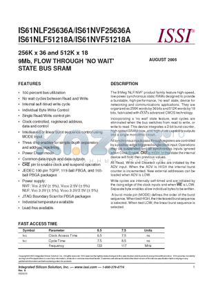 IS61NLF25636A-6.5B3I datasheet - 256K x 36 and 512K x 18 9Mb, FLOW THROUGH (NO WAIT) STATE BUS SRAM