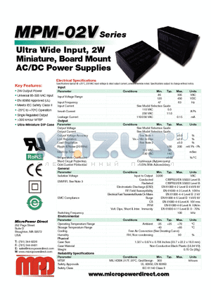 MPM-02SV-15 datasheet - Ultra Wide Input, 2W Miniature, Board Mount AC/DC Power Supplies