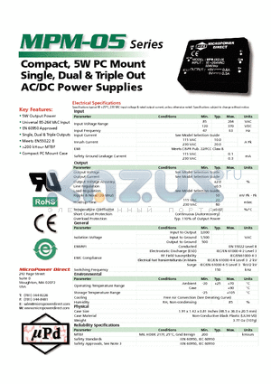 MPM-05D-05 datasheet - Compact, 5W PC Mount Single, Dual & Triple Out AC/DC Power Supplies