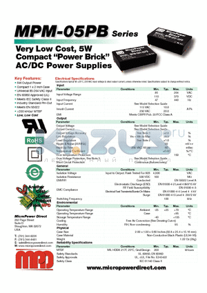 MPM-05S-03PB datasheet - Very Low Cost, 5W Compact Power Brick AC/DC Power Supplies