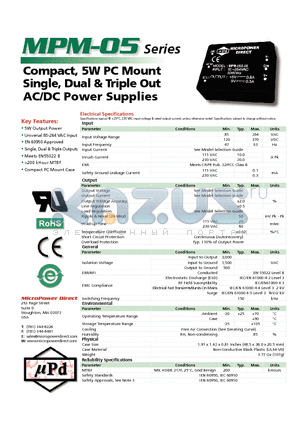 MPM-05T-0515 datasheet - Compact, 5W PC Mount Single, Dual & Triple Out AC/DC Power Supplies