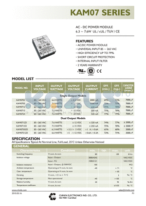 KAM0712 datasheet - AC - DC POWER MODULE 6.3 ~ 7.6 W UL / cUL / TUV / CE